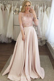 two piece jewel 3 4 sleeves pink prom dresses with pockets