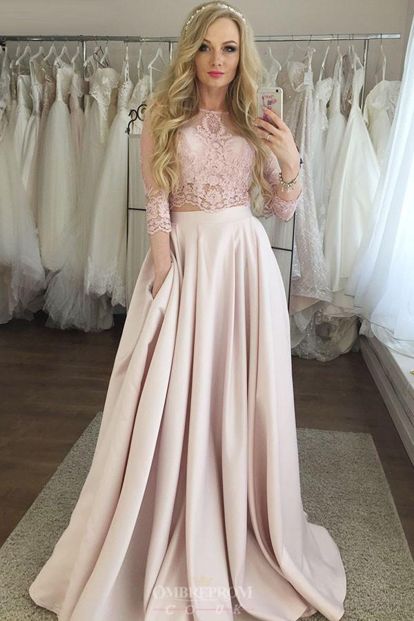 two piece jewel 3 4 sleeves pink prom dresses with pockets
