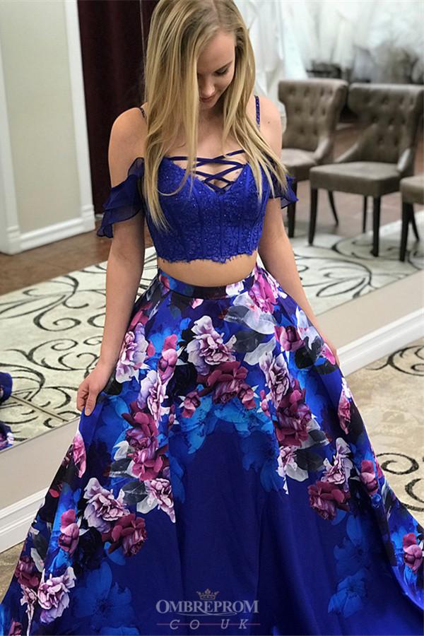 drop sleeves two piece royal blue flowers printed prom dresses with pockets