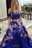 drop sleeves two piece royal blue flowers printed prom dresses with pockets