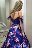 drop sleeves two piece royal blue flowers printed prom dresses with pockets