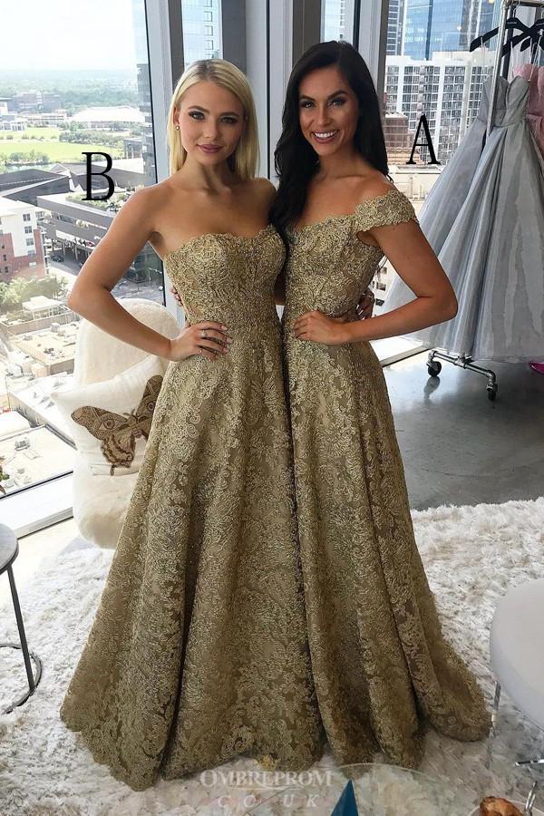 a line off the shoulder lace prom dresses gold party dress