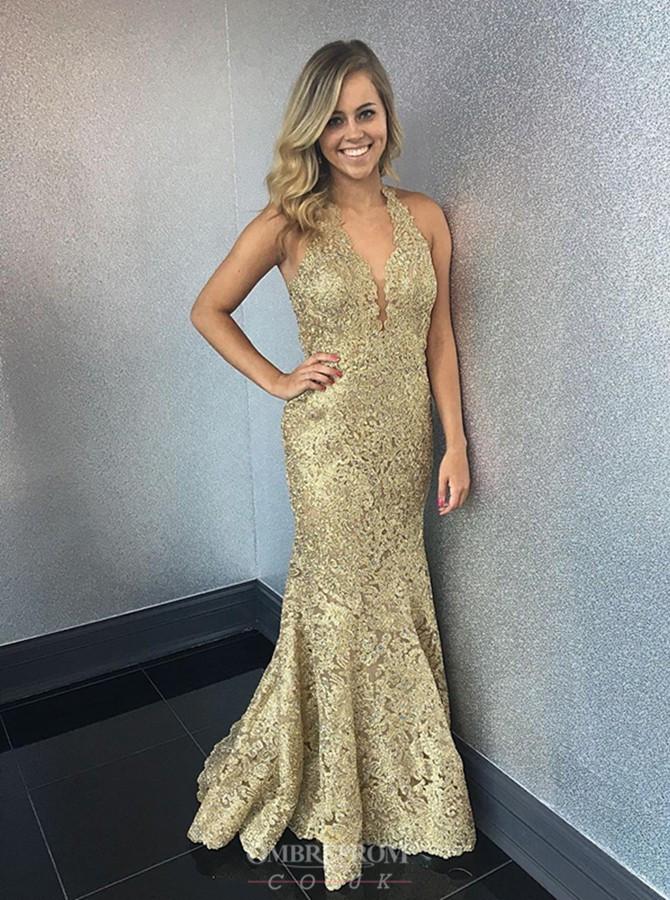 mermaid halter gold lace long prom dresses with sweep train