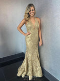 mermaid halter gold lace long prom dresses with sweep train