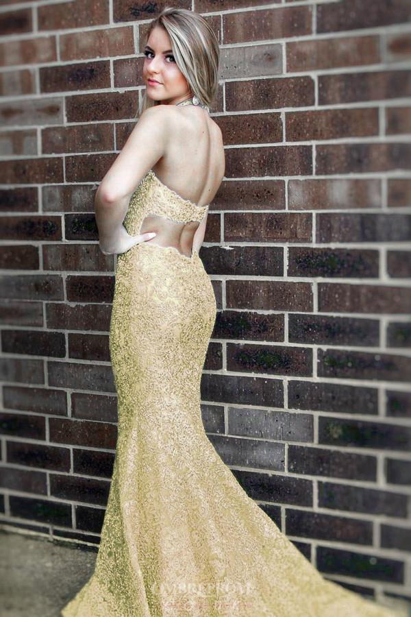 mermaid halter gold lace long prom dresses with sweep train