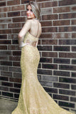 mermaid halter gold lace long prom dresses with sweep train
