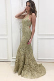 mermaid halter gold lace long prom dresses with sweep train