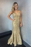Mermaid Halter Gold Lace Long Prom Dresses With Sweep Train MP259