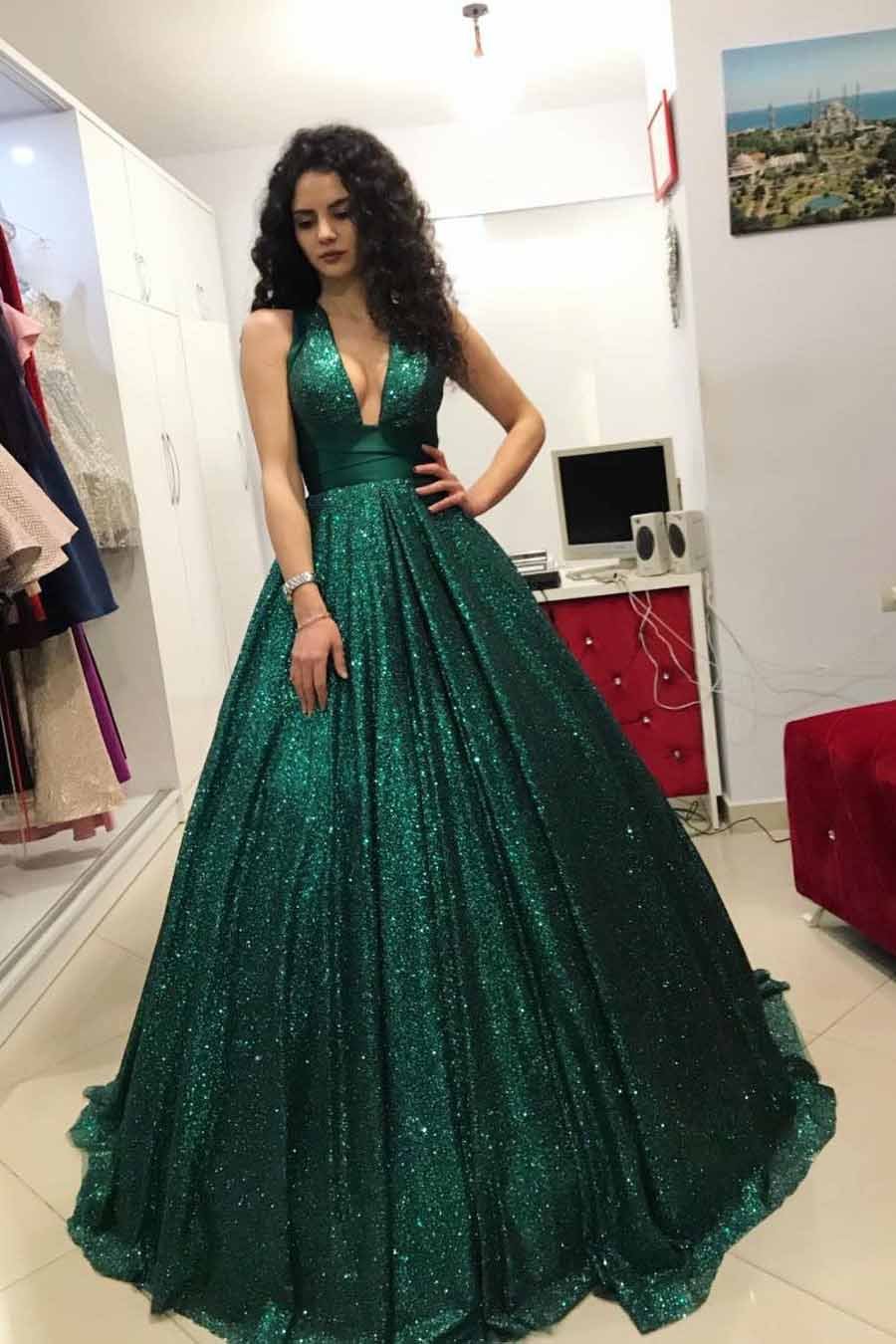 sparkly sequins ball gown dark green v neck prom dress