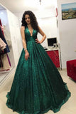 sparkly sequins ball gown dark green v neck prom dress