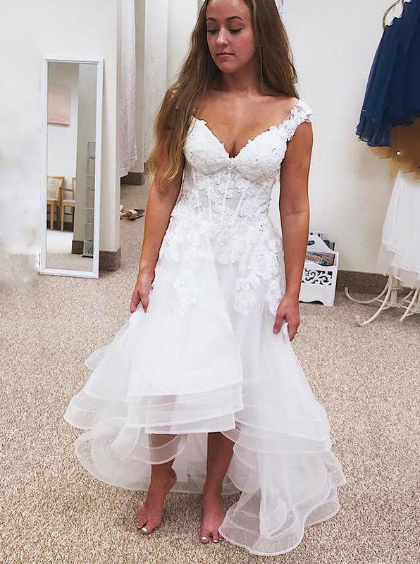 a line v neck high low tulle short beach wedding dress
