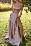Long Simple Satin Prom Dresses with Straps, Classic Split Evening Dress MP28