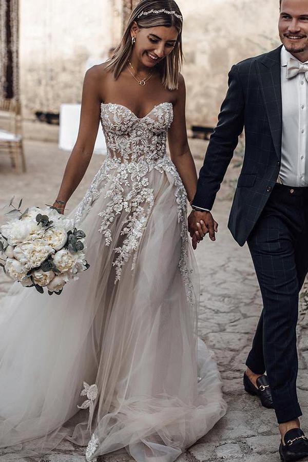 a line sweetheart tulle beach wedding dress with appliques