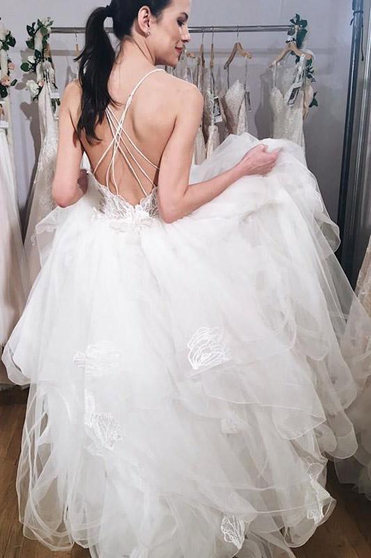 spaghetti backless wedding dress tiered applique bridal gown