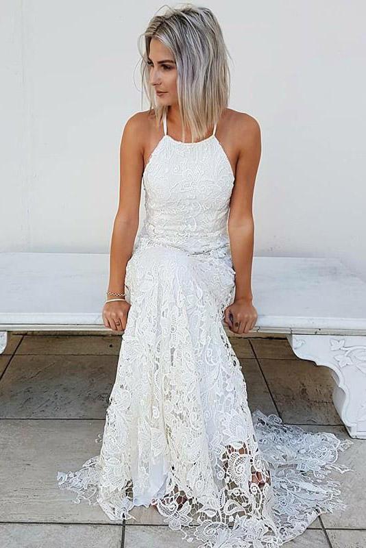 halter lace beach wedding dress sheath lace bridal gown