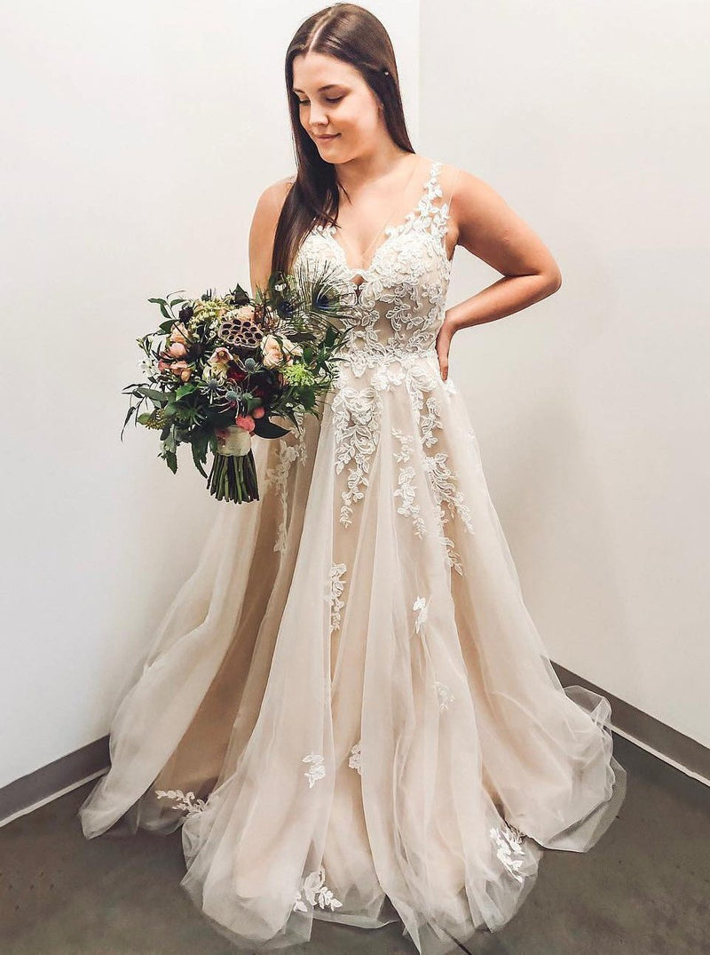 princess v neck appliques tulle wedding dress plus size bridal gown