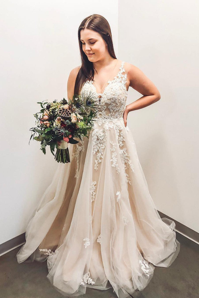princess v neck appliques tulle wedding dress plus size bridal gown