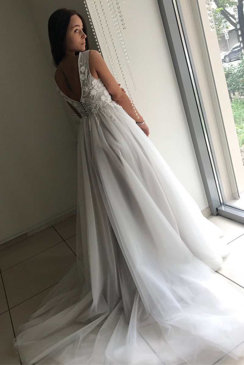 ivory a line v neck appliques tulle long wedding dress