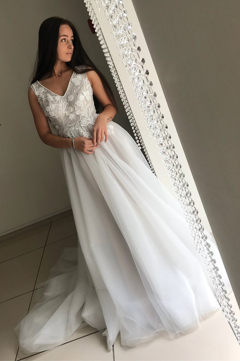ivory a line v neck appliques tulle long wedding dress