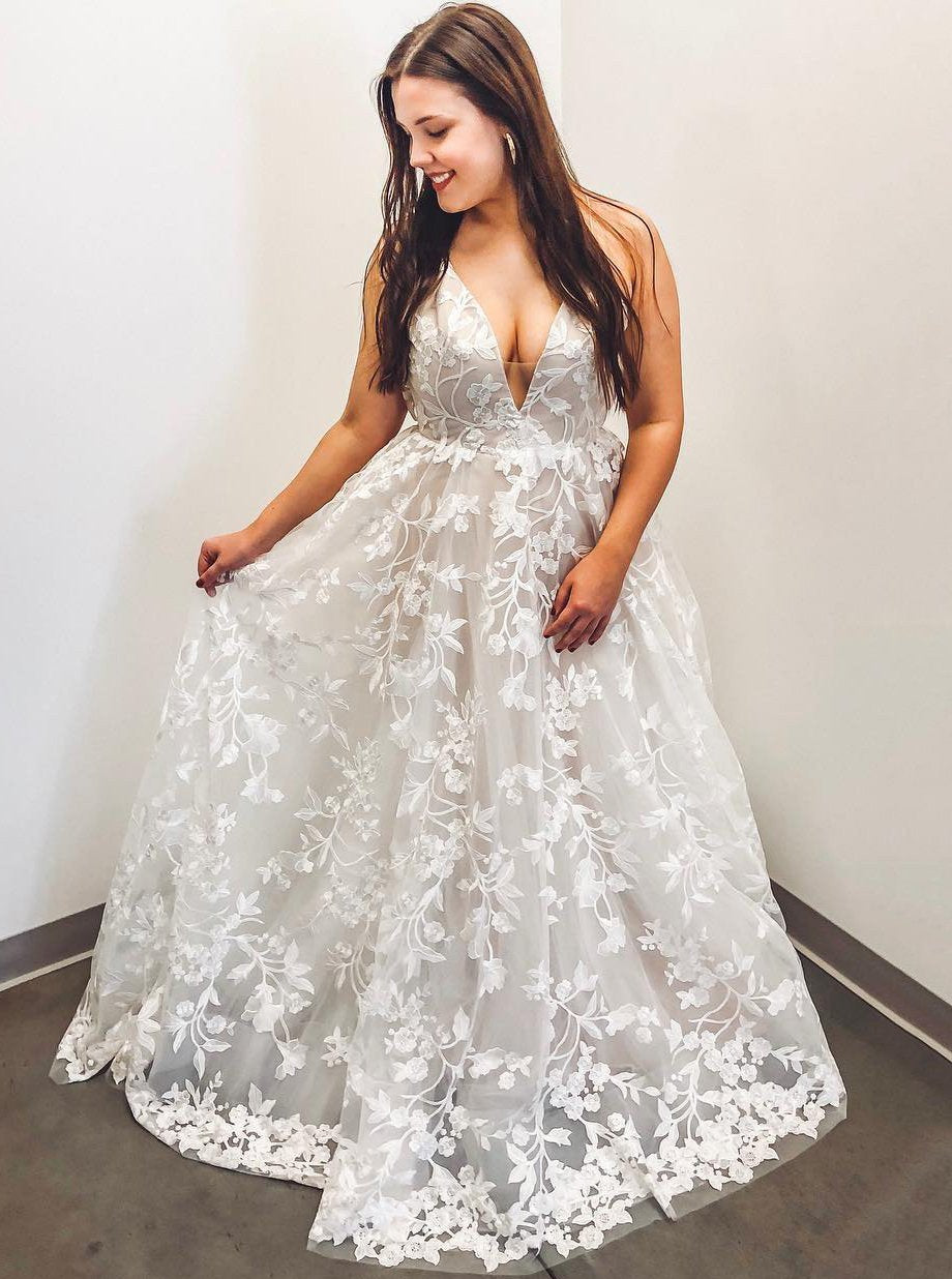 elegant a line v neck appliques long plus size wedding dress