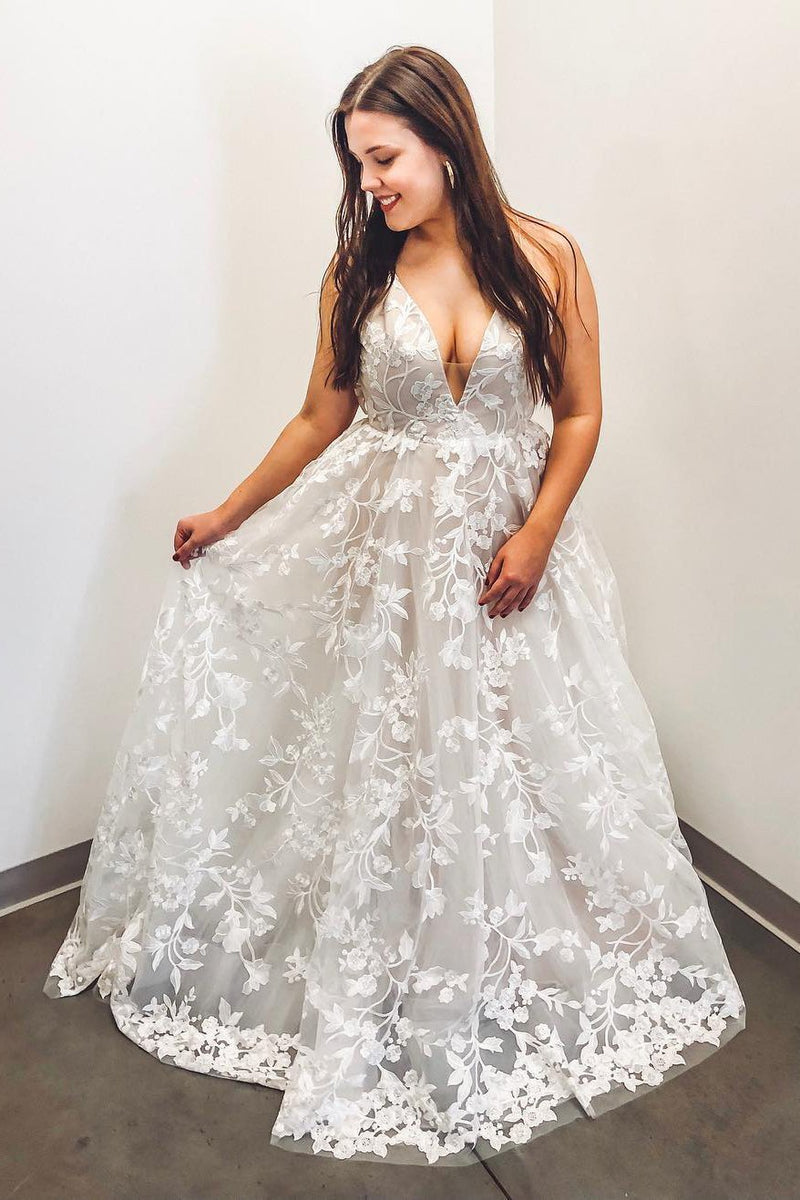 elegant a line v neck appliques long plus size wedding dress