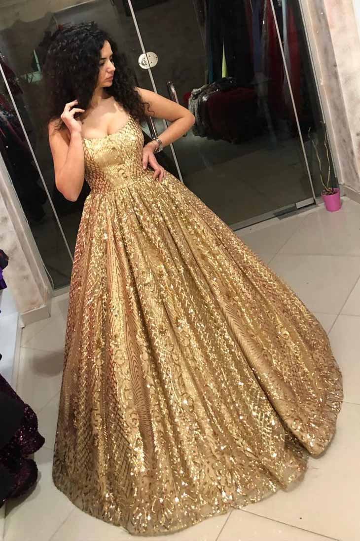 straps sequins ball gown quinceanera dress gold prom dress