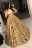 straps sequins ball gown quinceanera dress gold prom dress