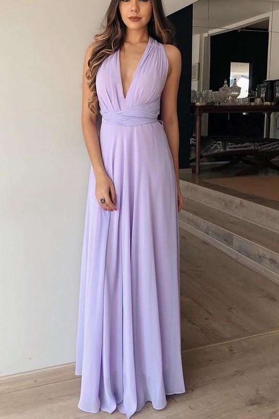 flowy a line v neck lilac chiffon long bridesmaid dress