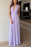 flowy a line v neck lilac chiffon long bridesmaid dress