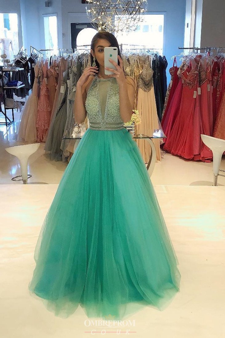 elegant a line high neck beading formal gown long prom dress