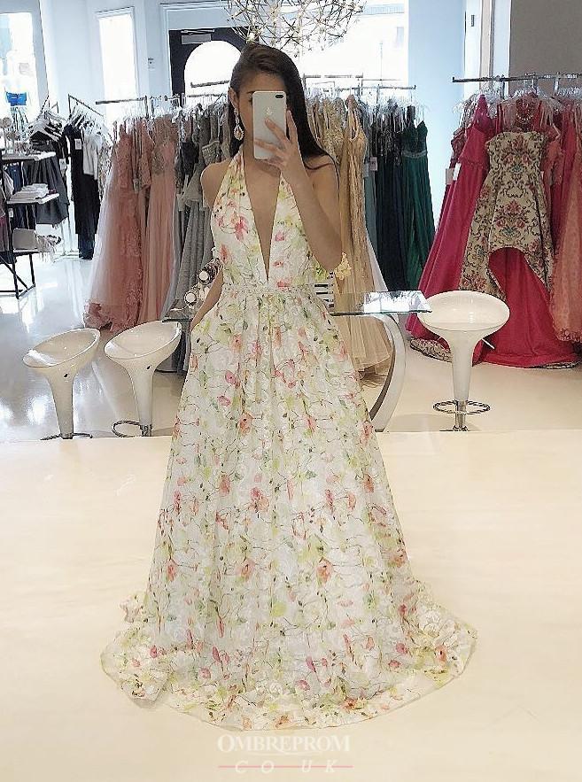 flowy a line plunging neckline floral long prom dress
