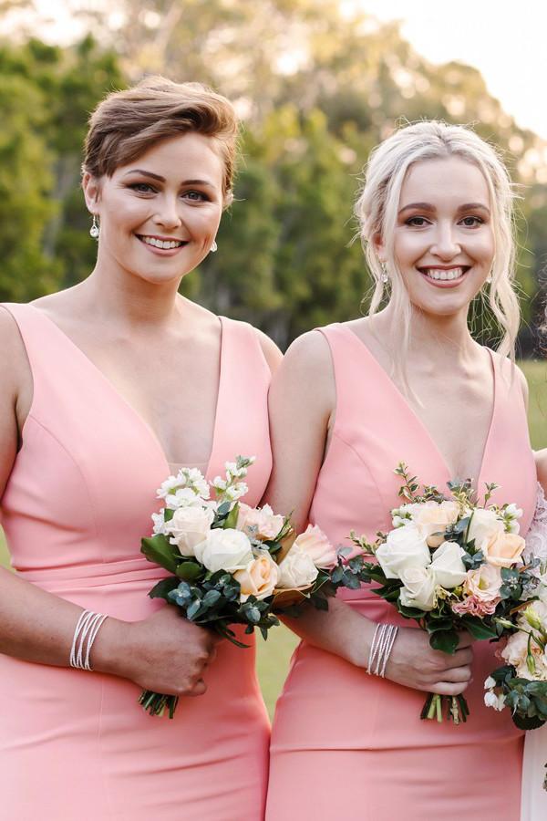 pink simple v neck satin long trumpet bridesmaid dresses
