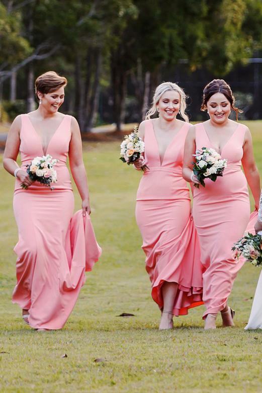 pink simple v neck satin long trumpet bridesmaid dresses