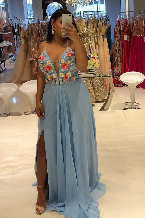 chiffon embroidered long spaghetti plus size prom dress with slit