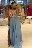 Chiffon Embroidered Long Spaghetti Plus Size Prom Dress With Slit MP319