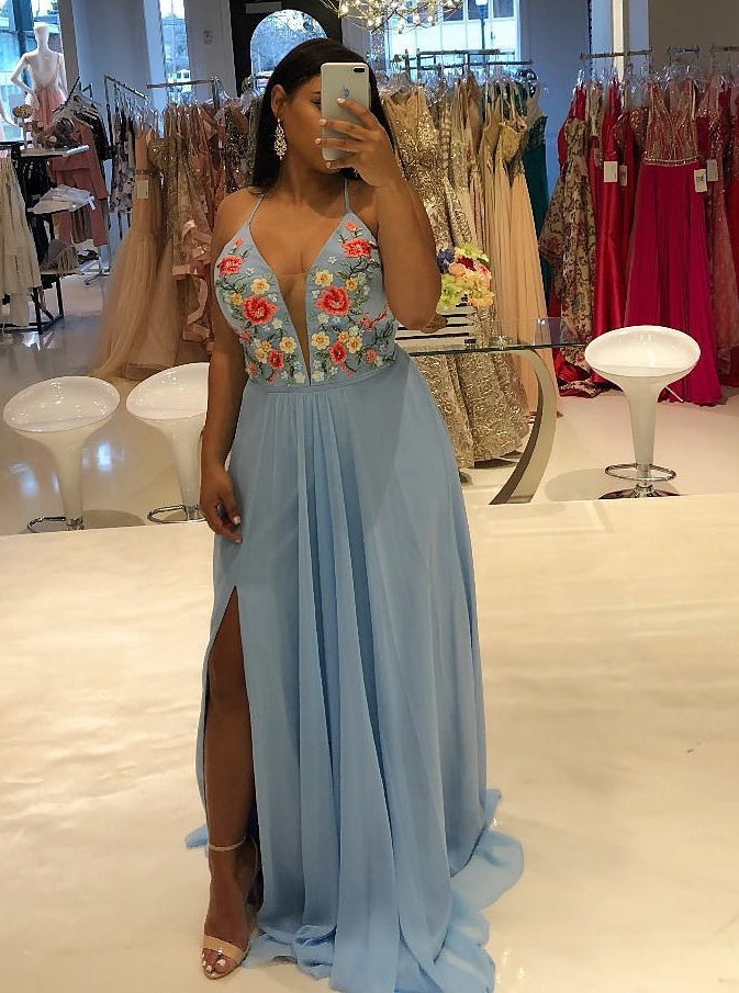chiffon embroidered long spaghetti plus size prom dress with slit