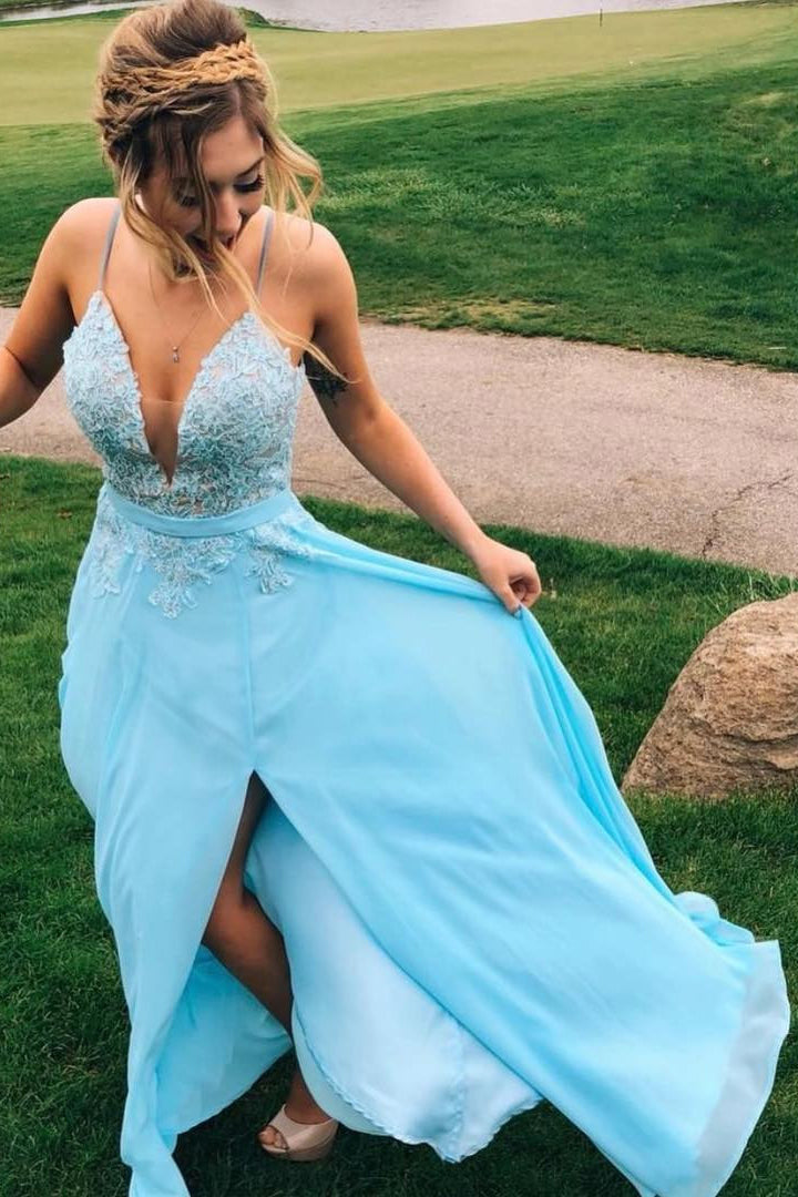 spaghetti straps chiffon lace appliques blue long prom dress with slit