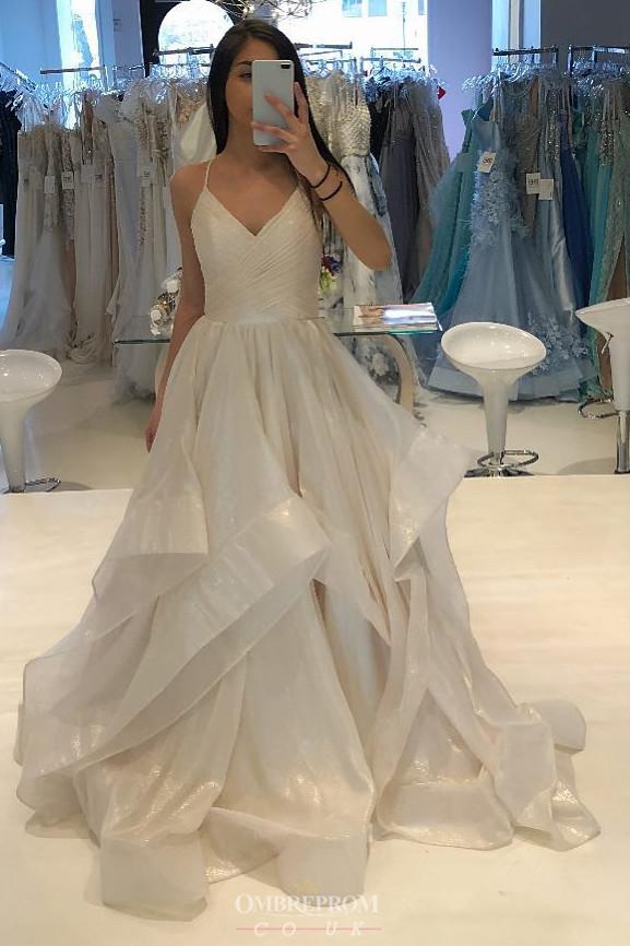 a line v neck long prom dress sparkle ruffles wedding dress