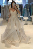 a line v neck long prom dress sparkle ruffles wedding dress