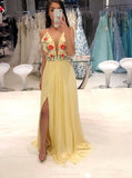 daffodil spaghetti chiffon slit long prom dress with embroidery