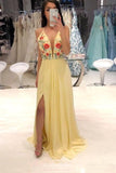 daffodil spaghetti chiffon slit long prom dress with embroidery