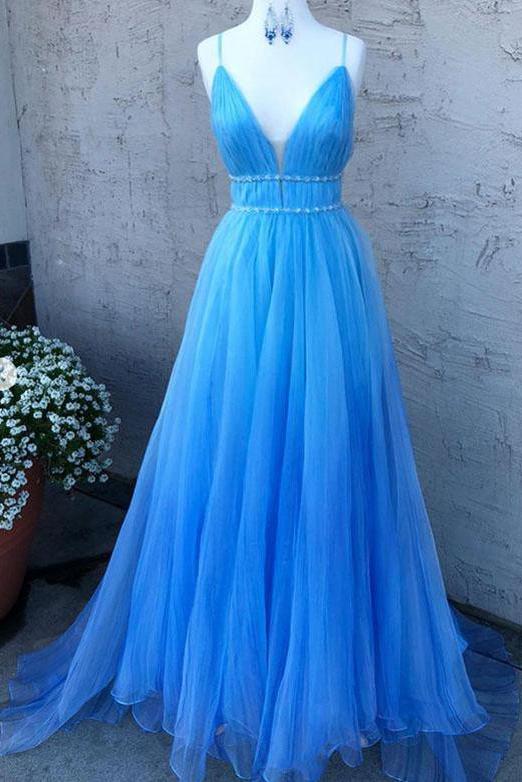 v neck blue long prom dresses tulle formal dress with beading