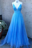 v neck blue long prom dresses tulle formal dress with beading