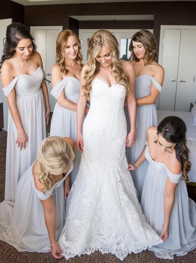 light gray off the shoulder beach chiffon bridesmaid dresses