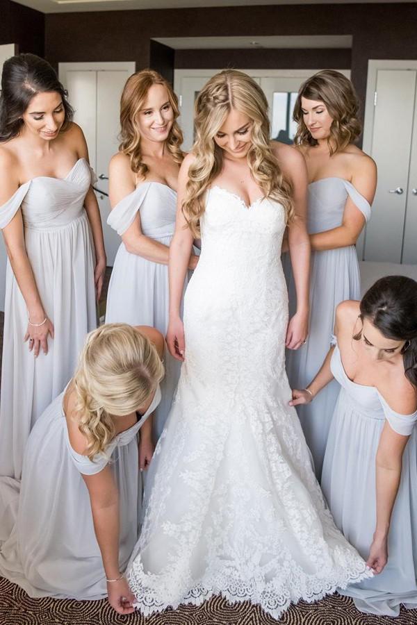 light gray off the shoulder beach chiffon bridesmaid dresses