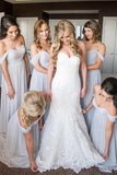 light gray off the shoulder beach chiffon bridesmaid dresses