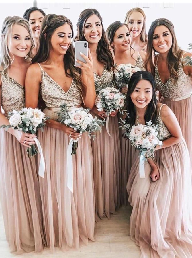 a line v neck sequins tulle blush long bridesmaid dresses