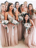 a line v neck sequins tulle blush long bridesmaid dresses
