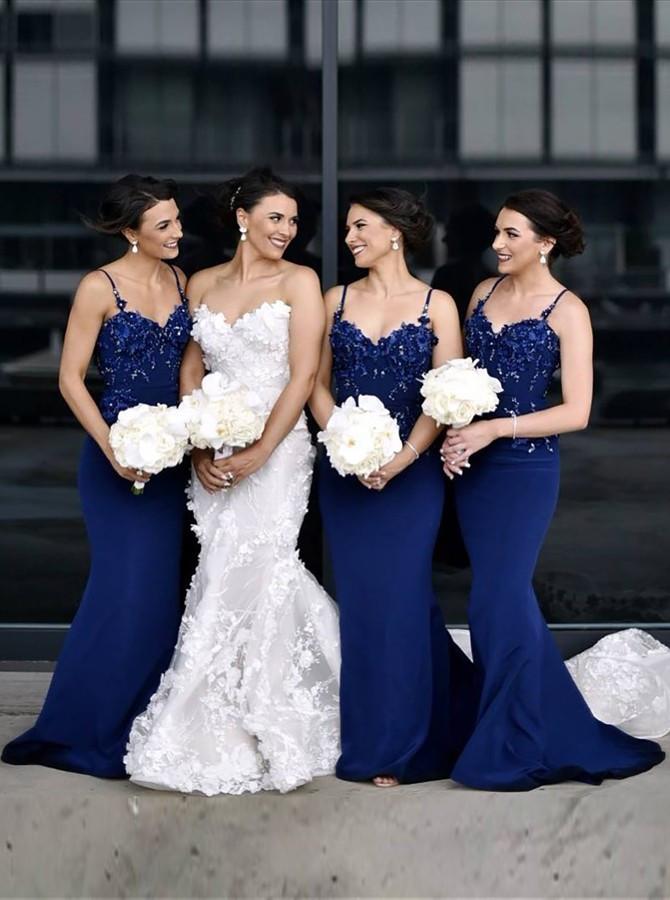 spaghetti straps blue mermaid bridesmaid dresses with appliques beading