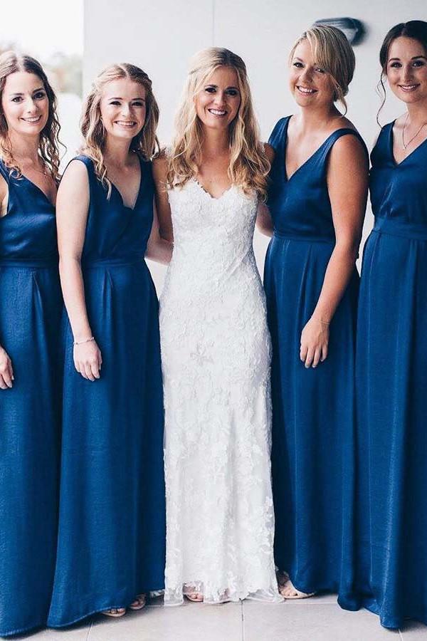 elegant a line v neck royal blue long bridesmaid dresses
